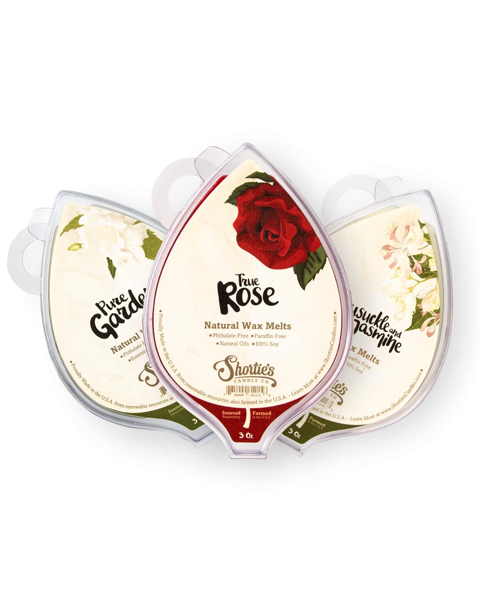 Shorties Candle Company Natural Floral Soy Wax Melts Variety Pack - 3 Highly Scented 3 Oz. Bars - Gardenia, True Rose, Honeysuc