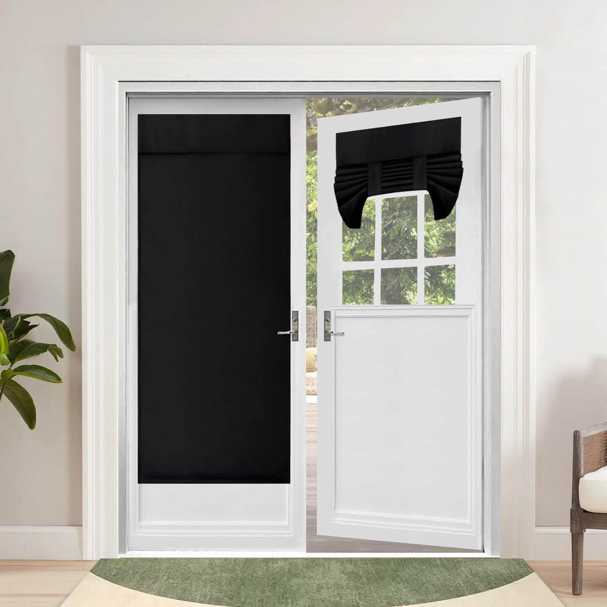 Outdoorlines Blackout French Door Curtains, Privacy Thermal Insulated Tie Up Glass Shades, Easy To Install Tricia Window Drapes, Front Door Curtain, W26 X L68 Inch, Black, 2 Panels