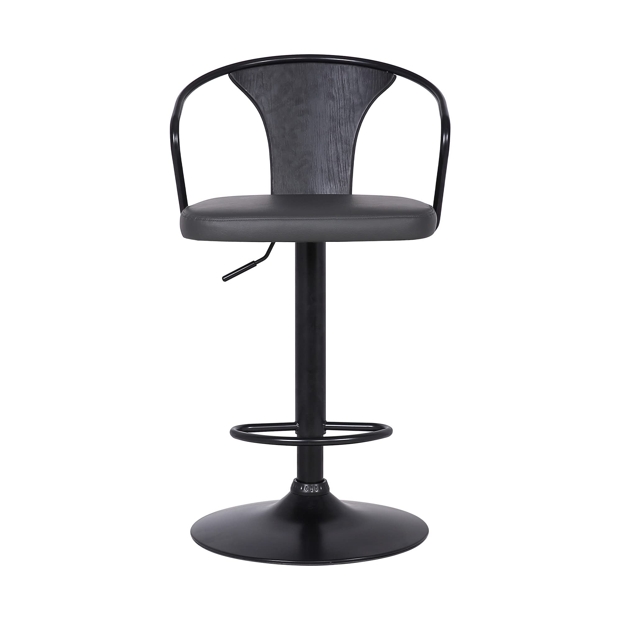 HomeRoots Black Steel,Faux Leather,Plywood Gray Faux Leather & Metal Base Adjustable Bar Stool
