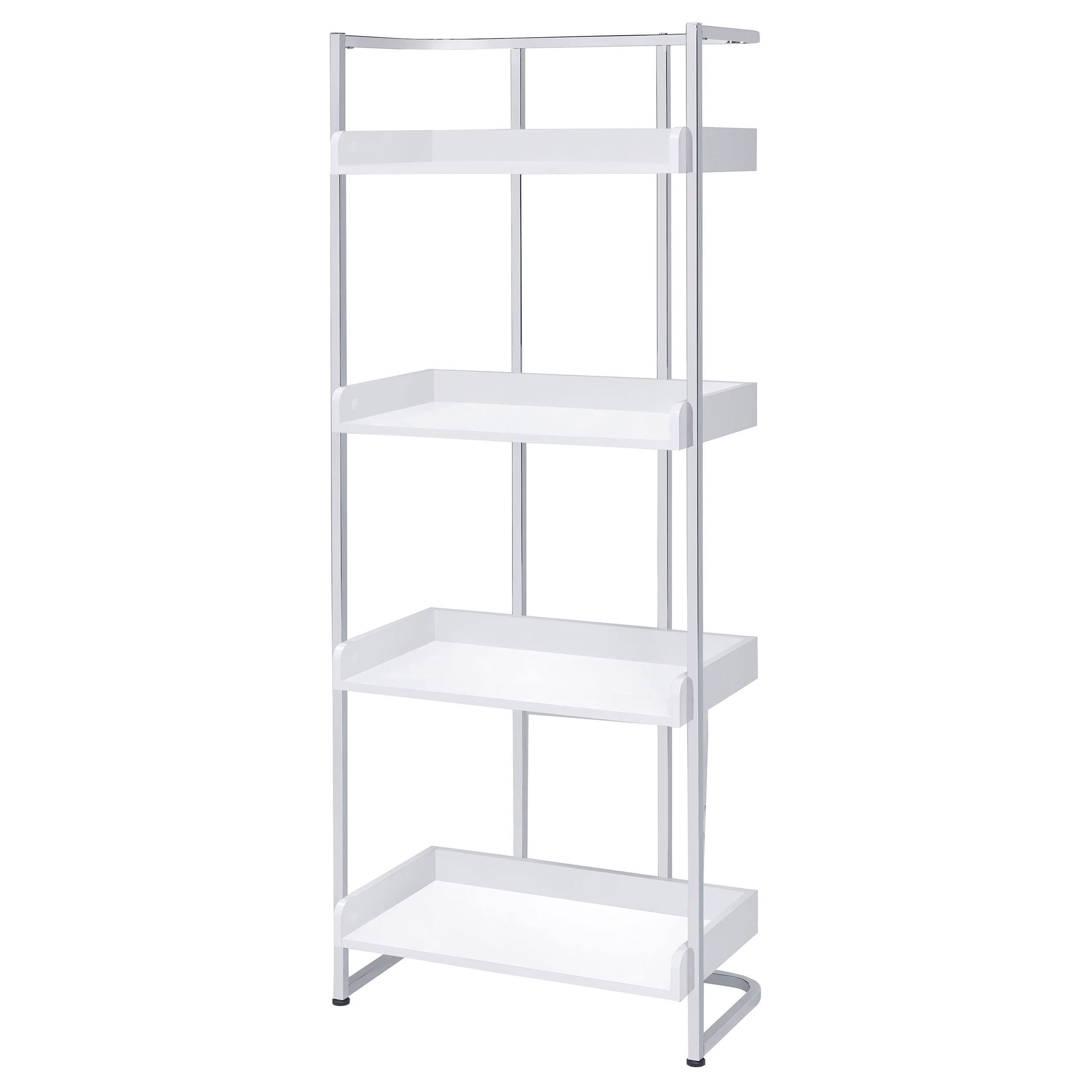 Coaster Furniture Ember 4-Shelf White High Gloss and Chrome Bookcase 26.25&quot; W x 14&quot; D x 67.5&quot; H 803402