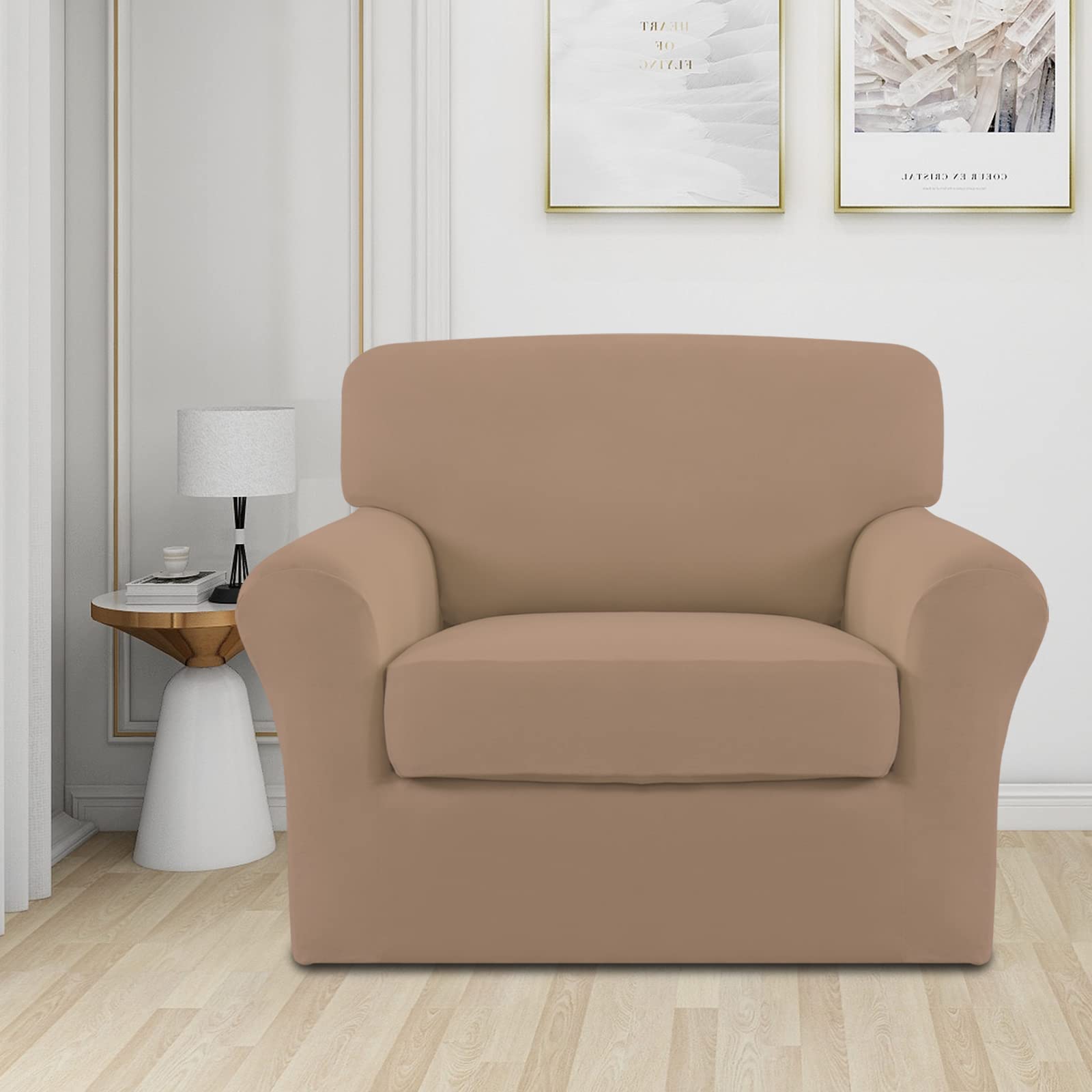 Easy-Going 2 Pieces Microfiber Stretch Chair Slipcover – Spandex Soft Fitted Sofa Couch Cover Washable Furniture Protector With Elastic Bottom Kids Pet(Small, Camel)