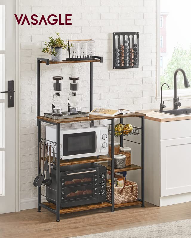 Vasagle Baker'S Rack, Microwave Stand With Wire Basket, 6 Hooks, And Shelves, For Spices, Pots, And Pans, Rustic Brown And Black Ukks35X