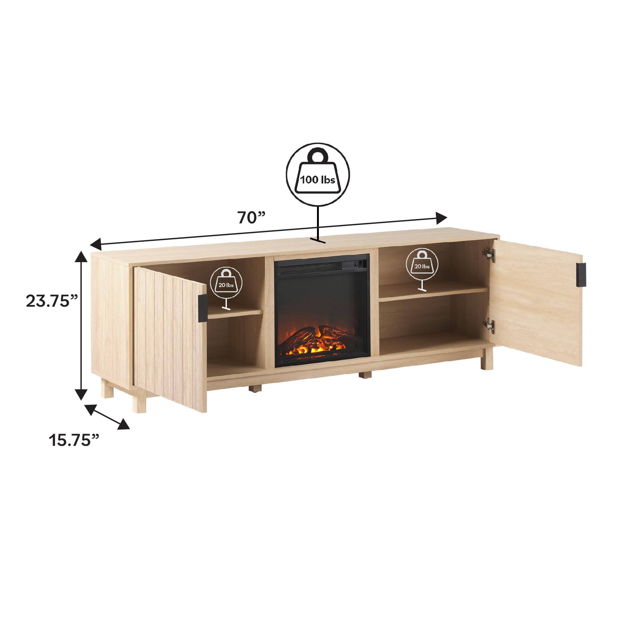 Walker Edison 70' Modern Reeded Tv Stand With Freestanding Electric Fireplace, Cabinet Storage For Media And Games, Ambient Flame With Or Without Heat, 16' D X 23.76' H, Coastal Oak