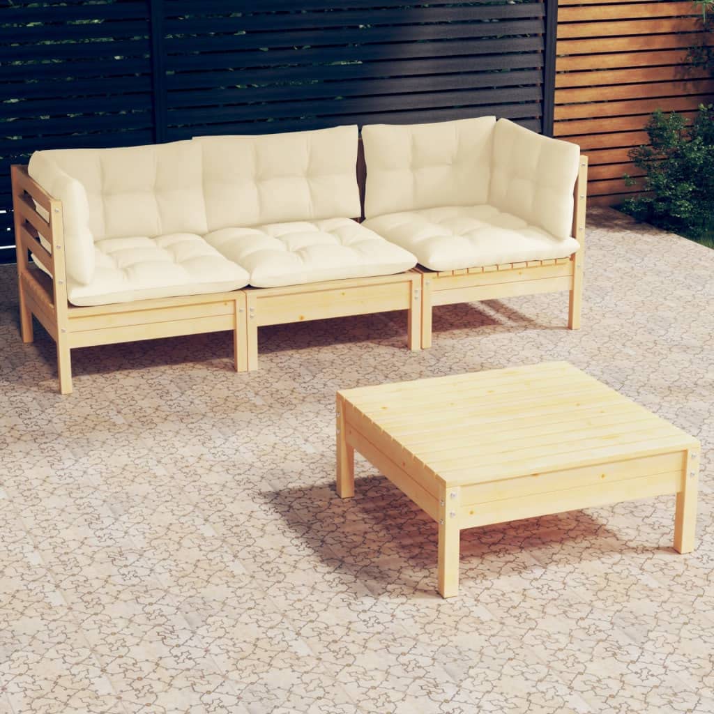vidaXL Solid Pinewood Patio Lounge Set 4 Piece with Gray Cushions - Garden/Outdoor Sofa