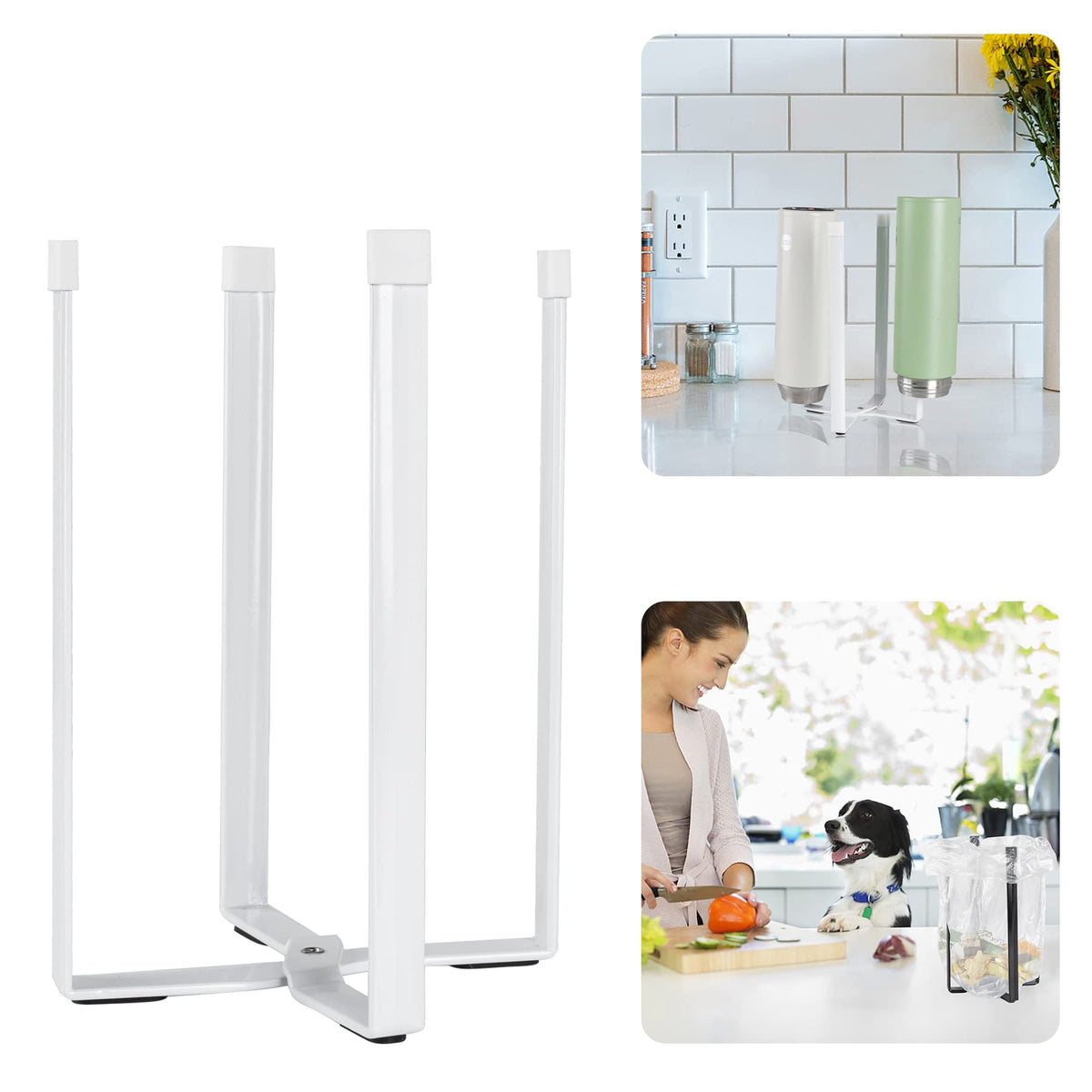 Kitchen Countertop Drying Rack for Bottles, Cups and Plastic Bags - Multifunctional Holder with Shelf and Trash Bag, White