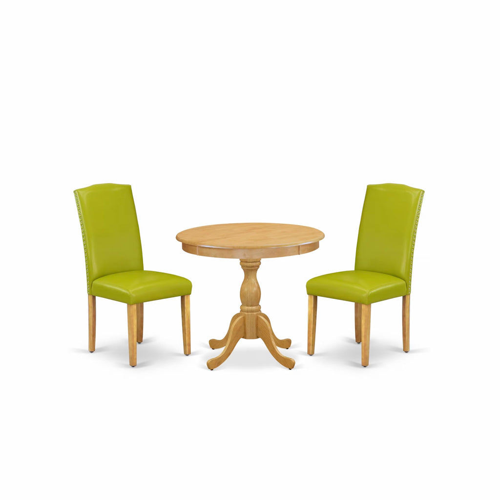 East West Furniture AMEN3-OAK-51 3 Piece Dining Set Contains a Round Dining Room Table with Pedestal and 2 Autumn Green Faux Leather Upholstered Parson Chairs, 36x36 Inch, Oak