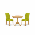 East West Furniture AMEN3-OAK-51 3 Piece Dining Set Contains a Round Dining Room Table with Pedestal and 2 Autumn Green Faux Leather Upholstered Parson Chairs, 36x36 Inch, Oak