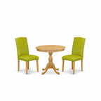 East West Furniture AMEN3-OAK-51 3 Piece Dining Set Contains a Round Dining Room Table with Pedestal and 2 Autumn Green Faux Leather Upholstered Parson Chairs, 36x36 Inch, Oak