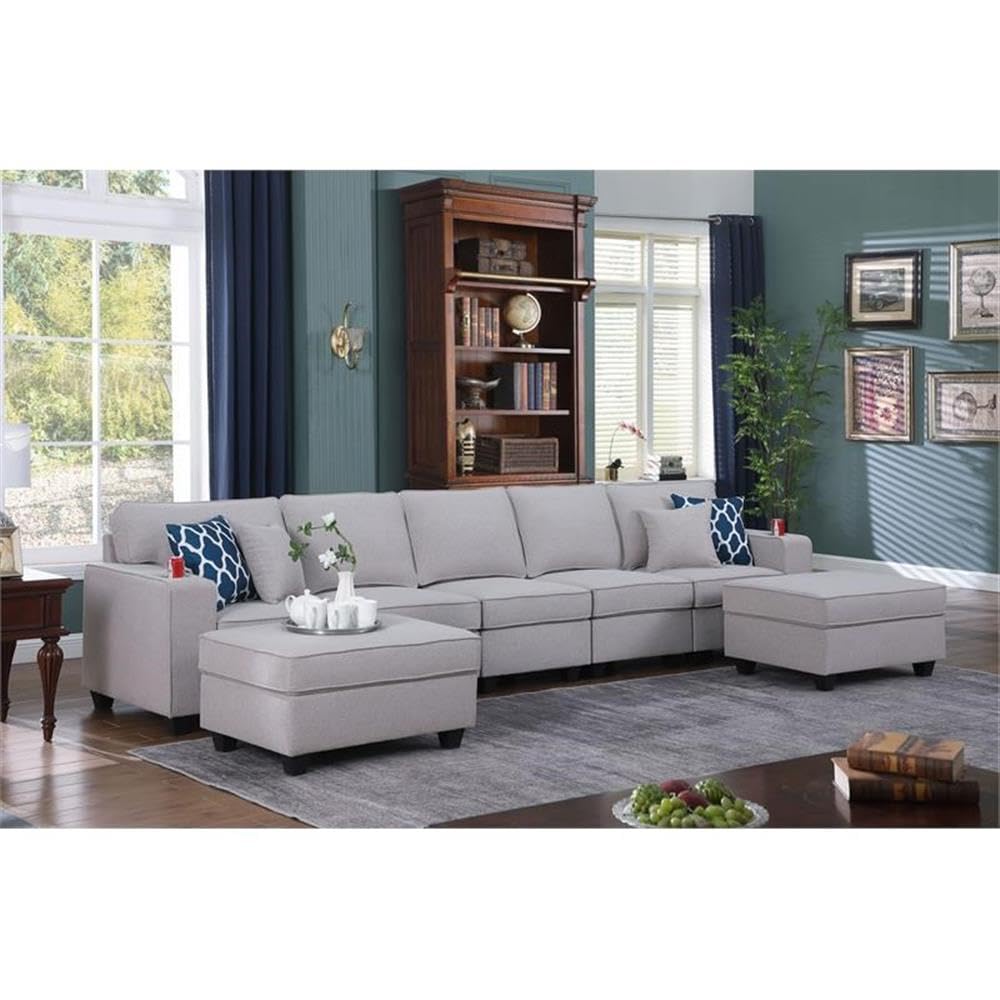 Lilola Home Cooper Light Gray Linen 5-Seater Sofa with 2 Ottomans and Cupholder