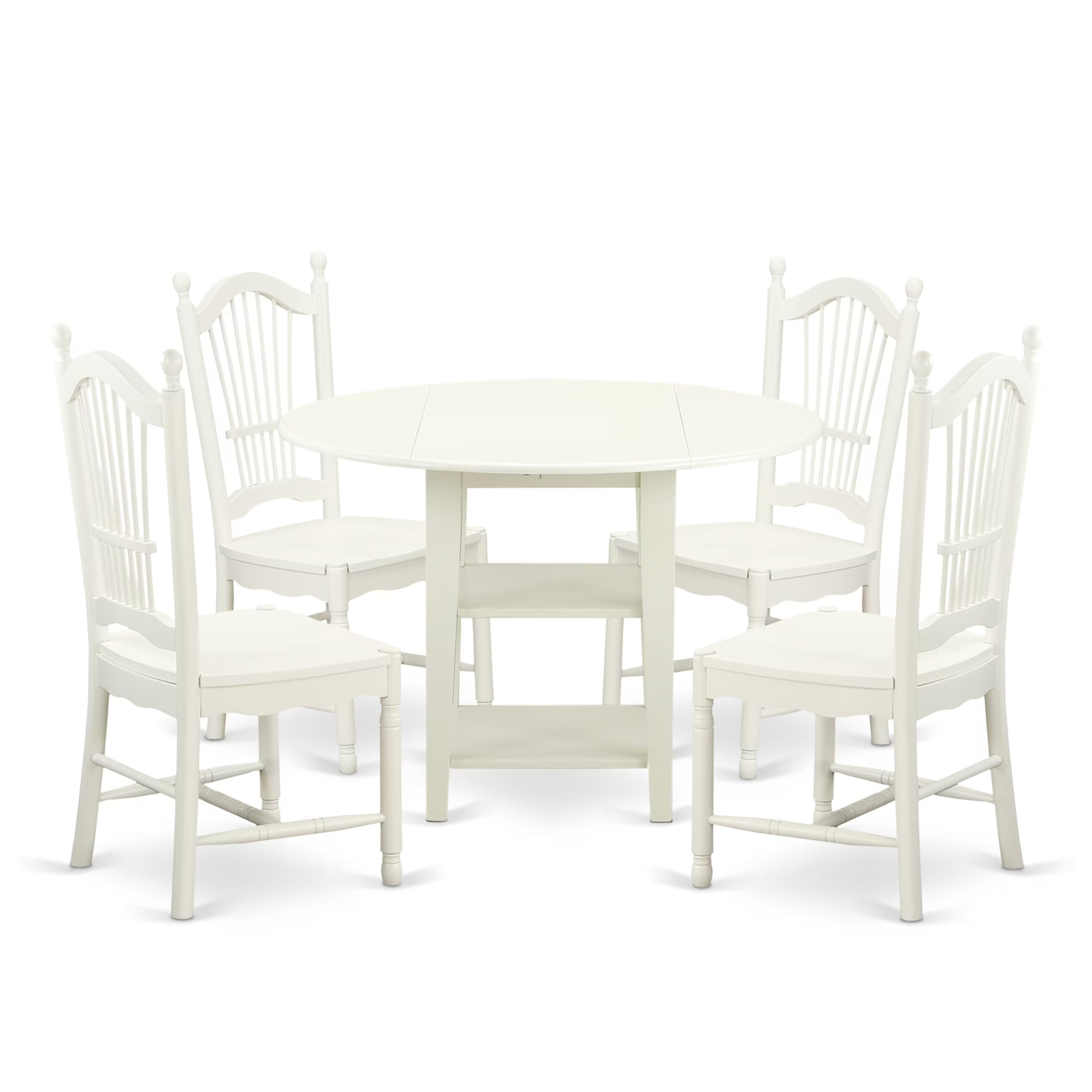 East West Furniture Sudo5-Lwh-W 5 Piece Dining Room Furniture Set Includes A Round Kitchen Table With Dropleaf & Shelves And 4 Dining Chairs, 42X42 Inch, Linen White