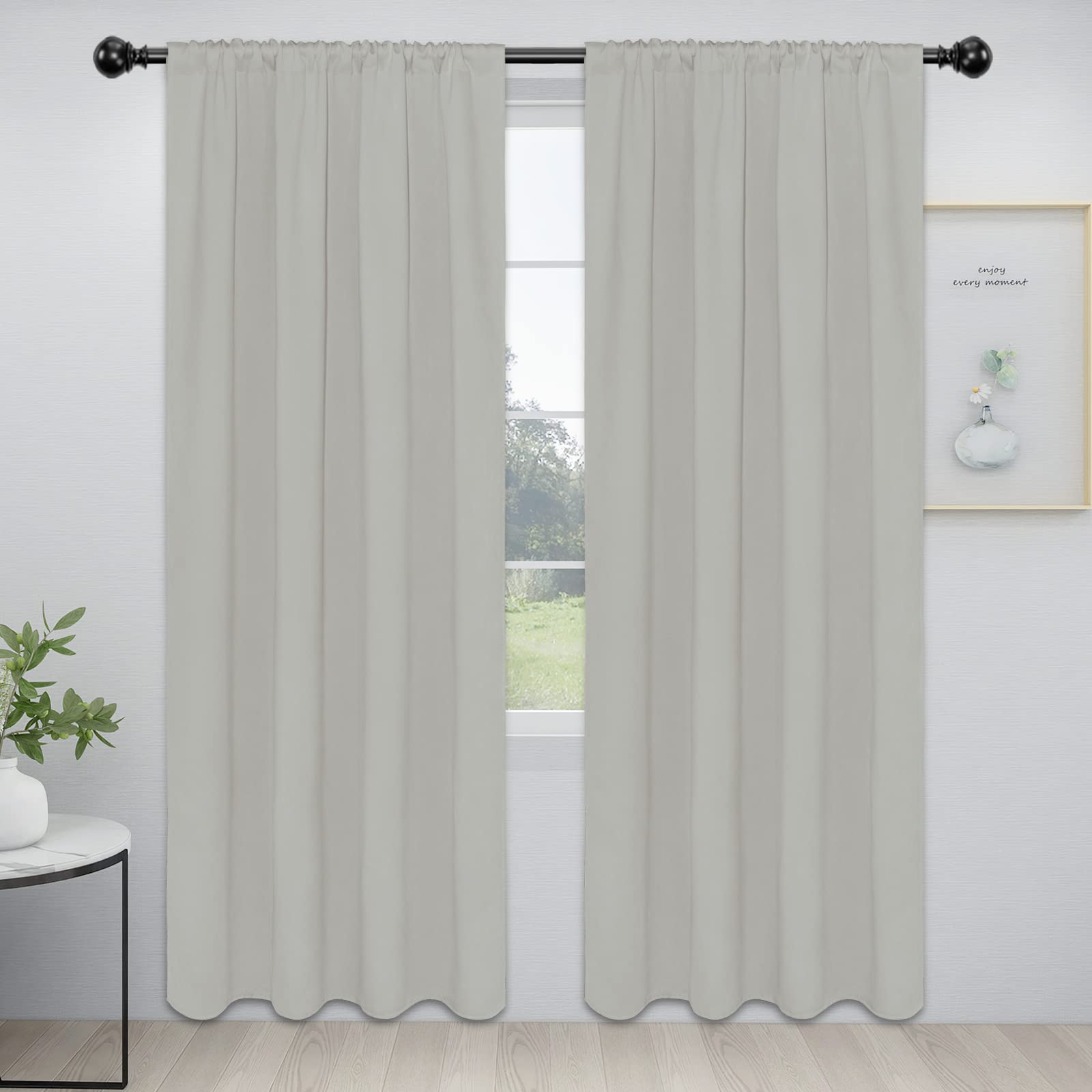 Easy-Going Rod Pocket Blackout Curtains For Bedroom, Room Darkening Window Curtains For Living Room, Thermal Insulated Noise Reduction Solid Window Drapes, 2 Panels(42X84 In, Greyish White)