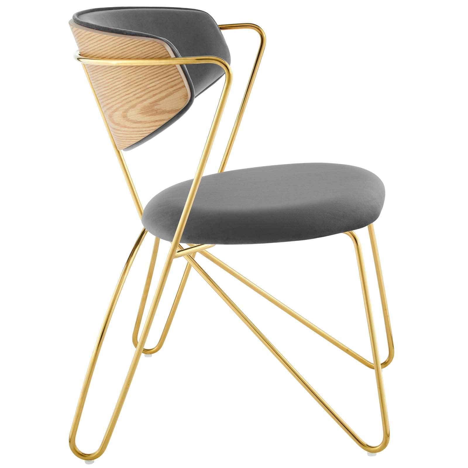 Modway Prevail Mid-Century Performance Velvet Metal Frame With Hairpin Legs Accent Dining Room Chair, Gold Gray
