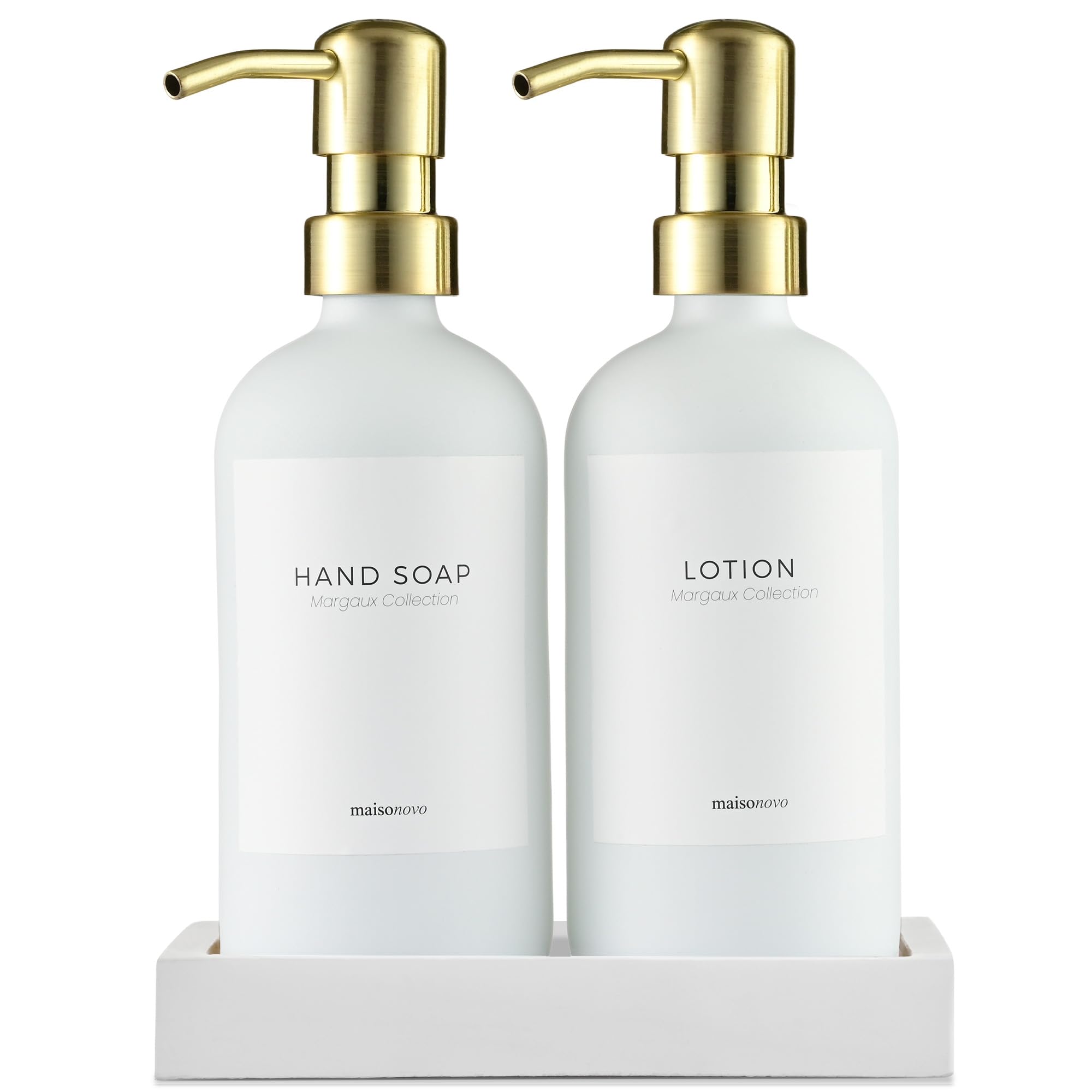 MaisoNovo Soap and Lotion Dispenser Set - 16.9 fl oz White Hand Soap Dispenser Glass with Gold Pump Set of 2 and Concrete Tray
