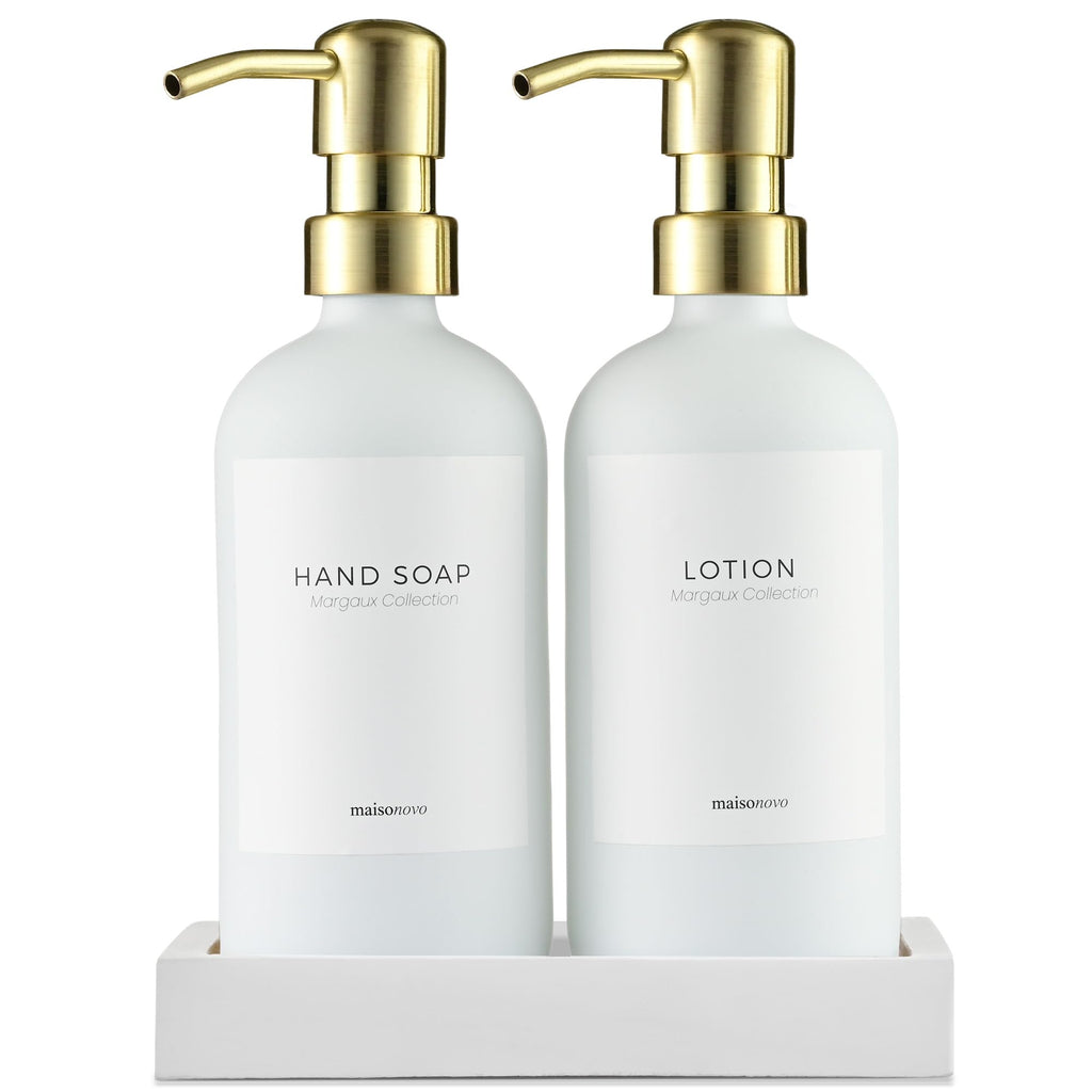 MaisoNovo Soap and Lotion Dispenser Set - 16.9 fl oz White Hand Soap Dispenser Glass with Gold Pump Set of 2 and Concrete Tray