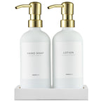 MaisoNovo Soap and Lotion Dispenser Set - 16.9 fl oz White Hand Soap Dispenser Glass with Gold Pump Set of 2 and Concrete Tray