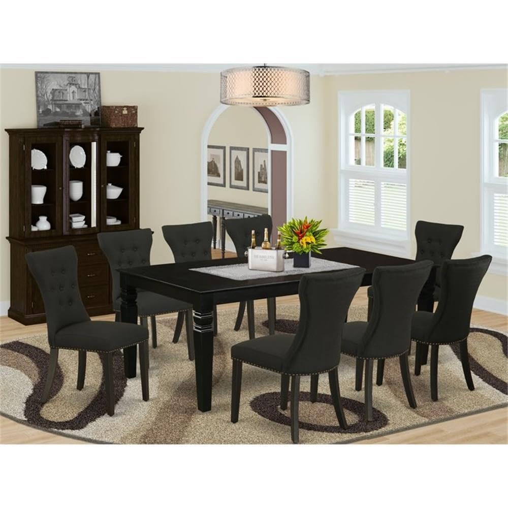 East West Furniture Lgga9-Blk-24 9 Piece Dining Table Set Includes A Rectangle Dining Room Table With Butterfly Leaf And 8 Black Linen Fabric Upholstered Chairs, 42X84 Inch, Black