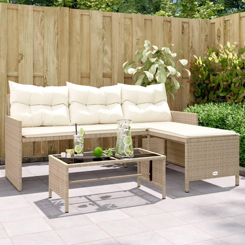 vidaXL L-Shaped Patio Sofa Set in Beige Poly Rattan – Outdoor 3-Seater Lounge with Table, Cushions & Washable Covers
