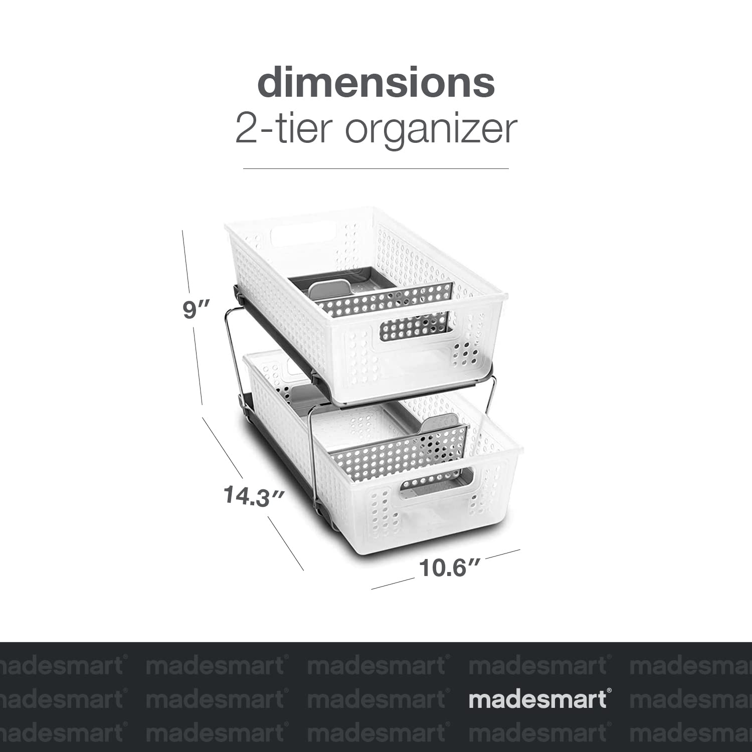 Madesmart 2-Tier Organizer, Multi-Purpose Slide-Out Storage Baskets With Handles And Dividers, Frost