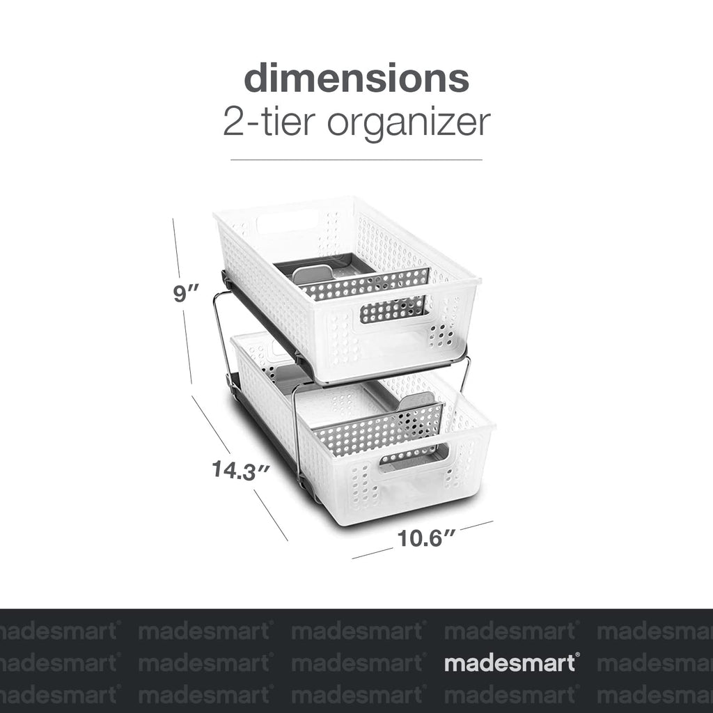 Madesmart 2-Tier Organizer, Multi-Purpose Slide-Out Storage Baskets With Handles And Dividers, Frost