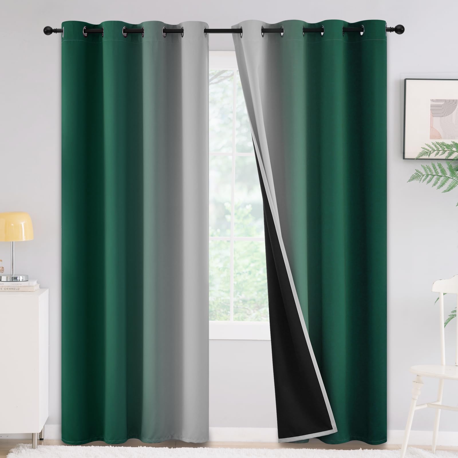 Yakamok 100% Blackout Curtains 84 Inches Long,Room Darkening Dark Green And Greyish White Curtains Ombre For Bedroom Grommet The