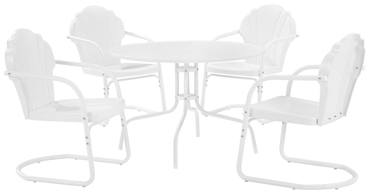 Crosley Furniture Tulip 5-Piece Outdoor Dining Set for 4, Retro Metal Round Patio Table and Chairs for Deck, White Satin