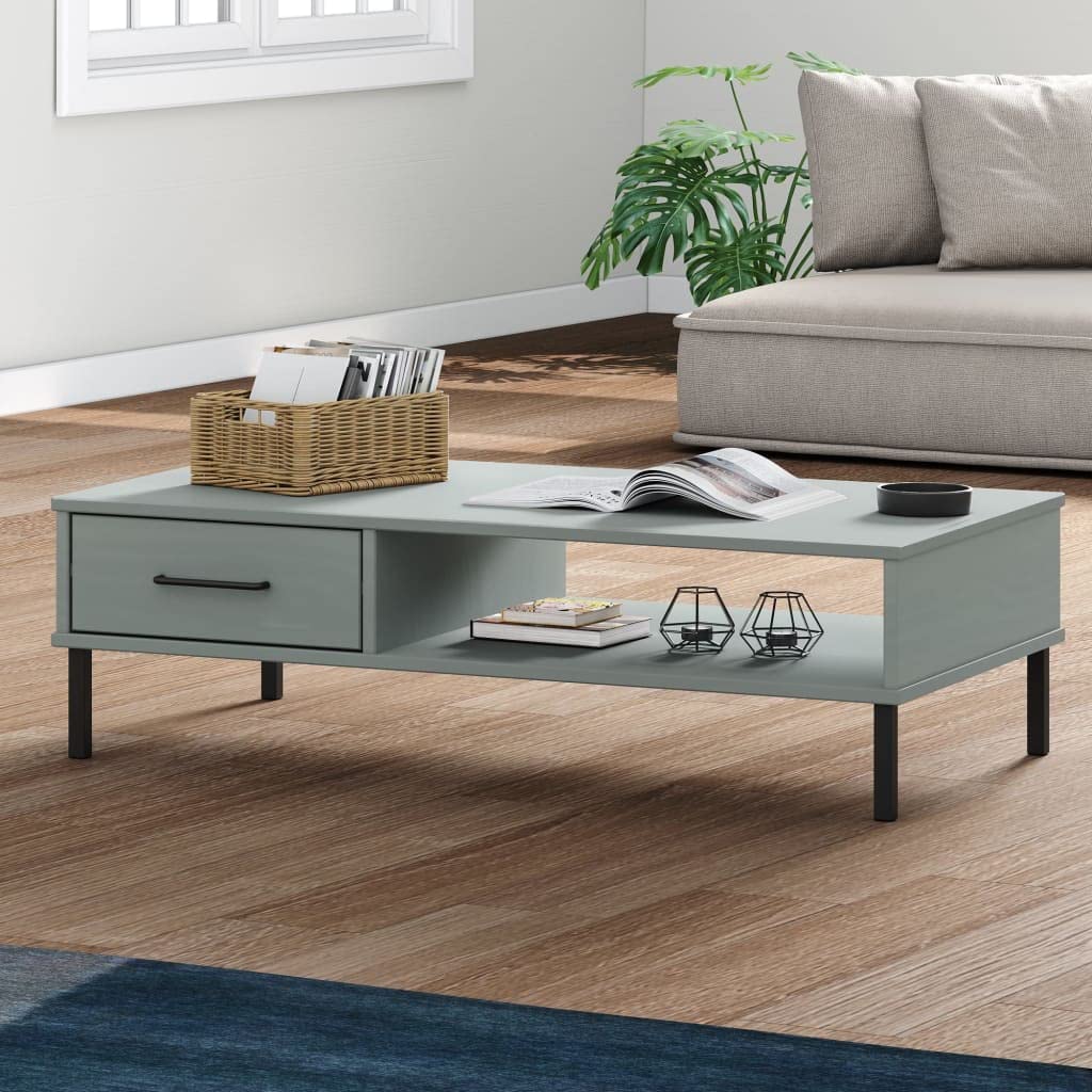 vidaXL &quot;Oslo Solid Pine Wood Coffee Table with Metal Legs and Drawer-Industrial, Gray