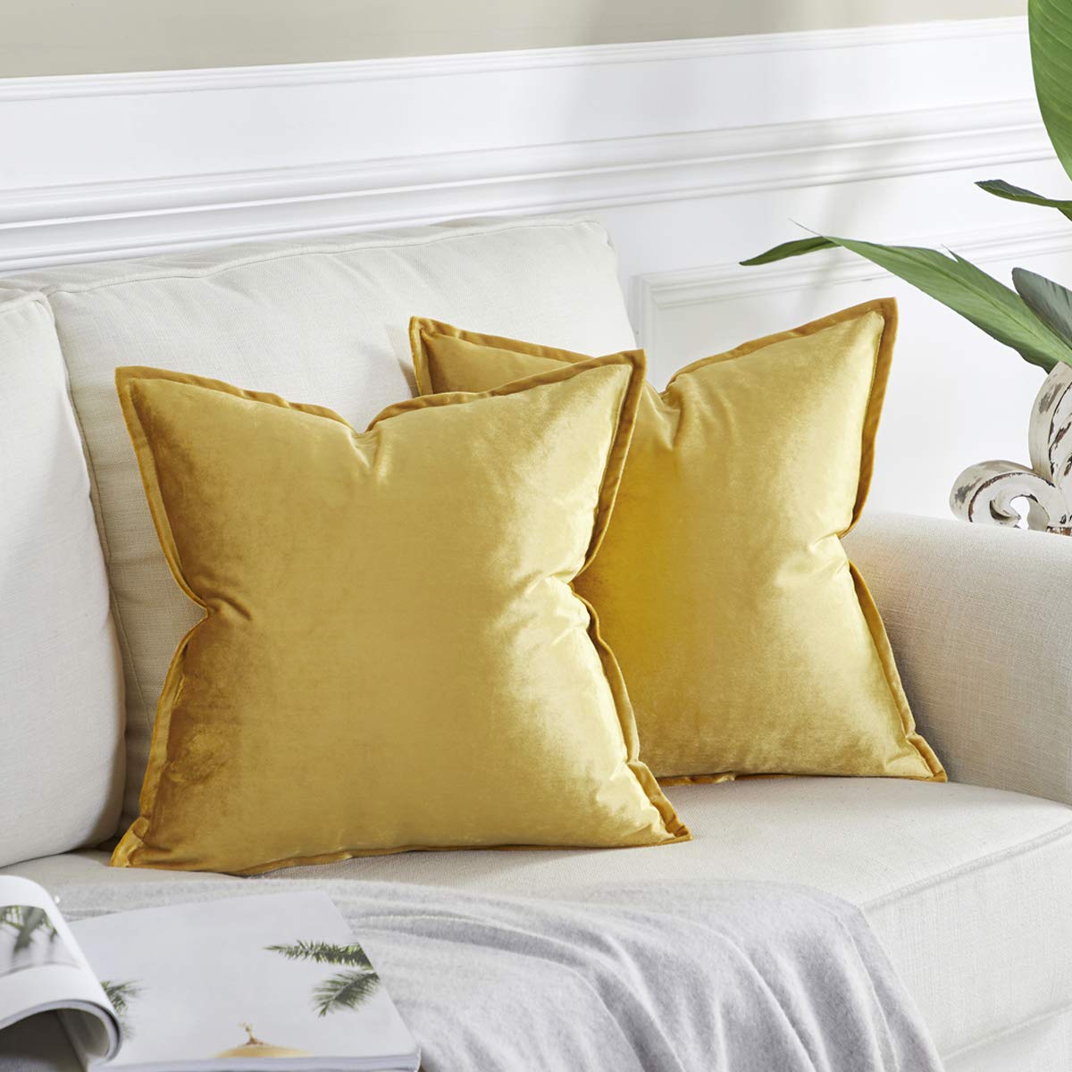 Gigizaza Yellow Velvet Decorative Throw Pillow Covers 16X16 Square Couch Sofa Pillow Covers Pack Of 2