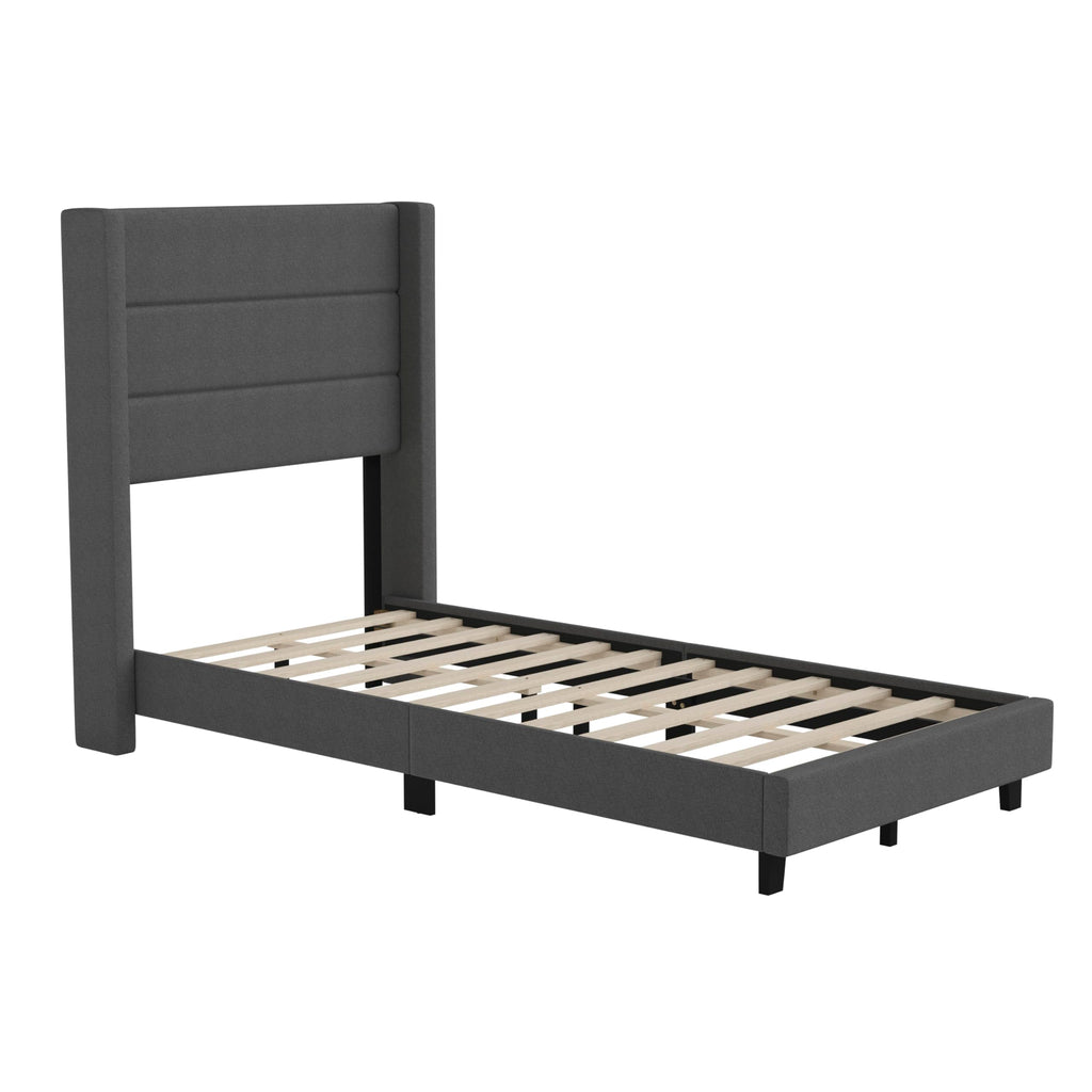 Flash Furniture Hollis Upholstered Platform Bed - Charcoal Faux Linen Wingback Headboard - Twin - Mattress Foundation with Slatted Supports - No Box Spring Needed