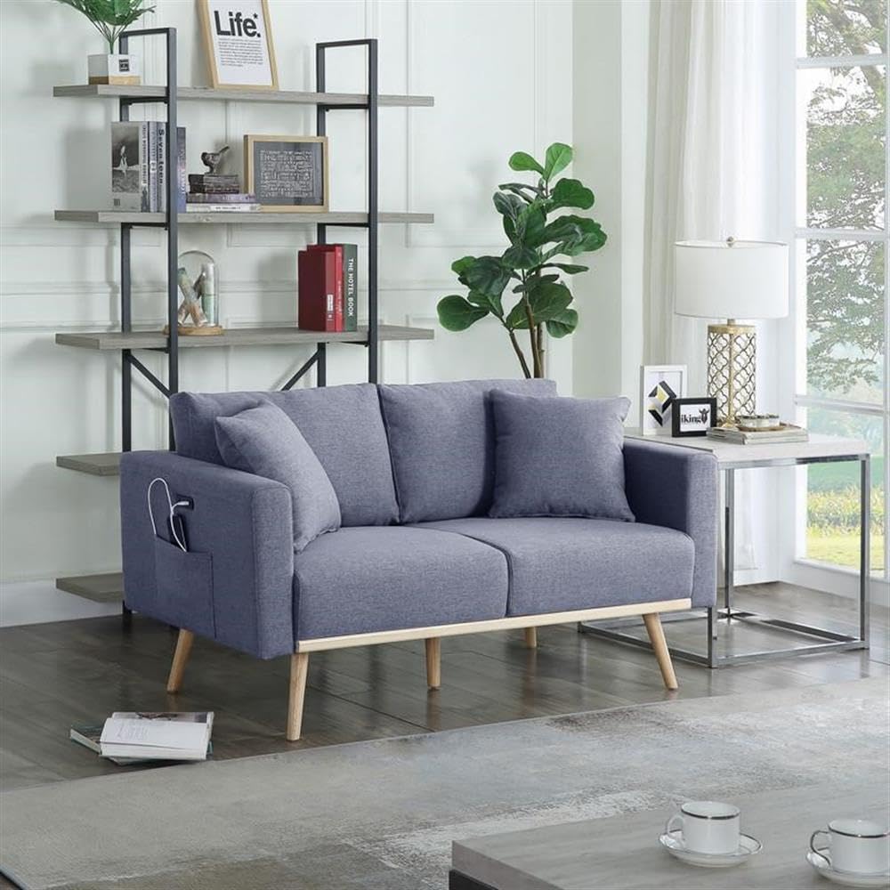 Lilola Home Easton Dark Gray Linen Fabric Loveseat with USB Charging Ports Pockets & Pillows