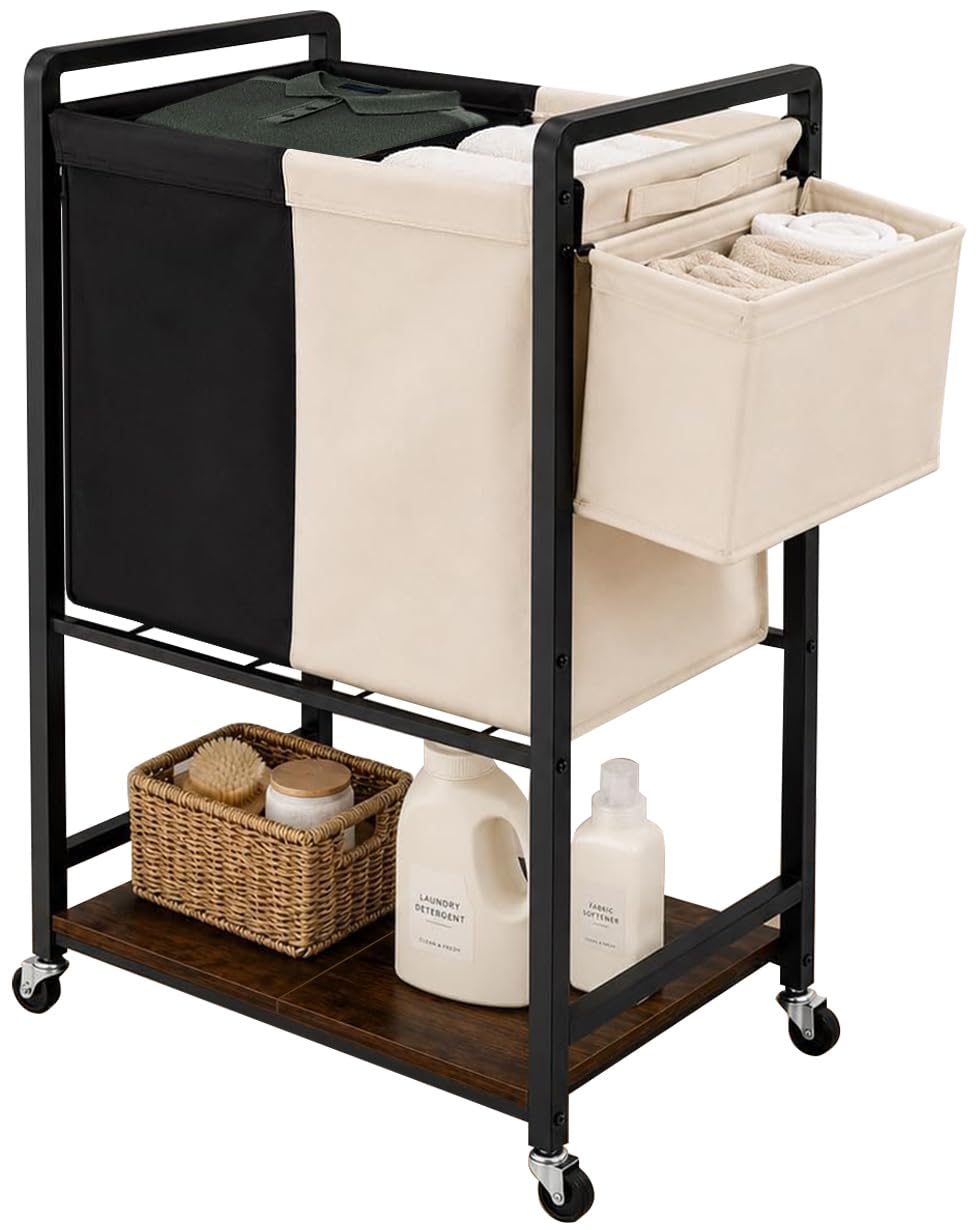 Laundry Hamper with Wheels,2 Removable Bags,Side Basket,Bottom Shelf