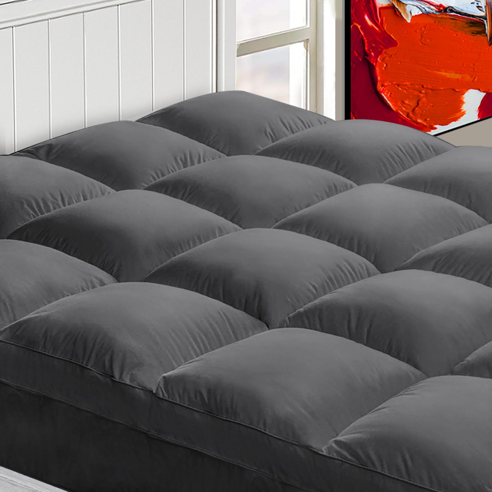 Mattress Topper Full For Back Pain, Extra Thick Mattress Pad Cover, Plush Pillow Top, Deep Elastic Pocket, Black