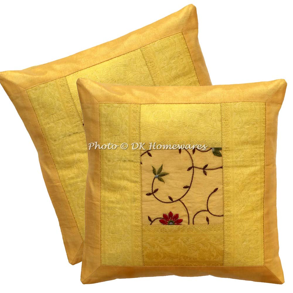 Dk Homewares Polydupion Silk Embroidered Sofa Diwan Cushion Covers 40X40 Cm Festive Decor Brocade Patchwork Floral Traditional D