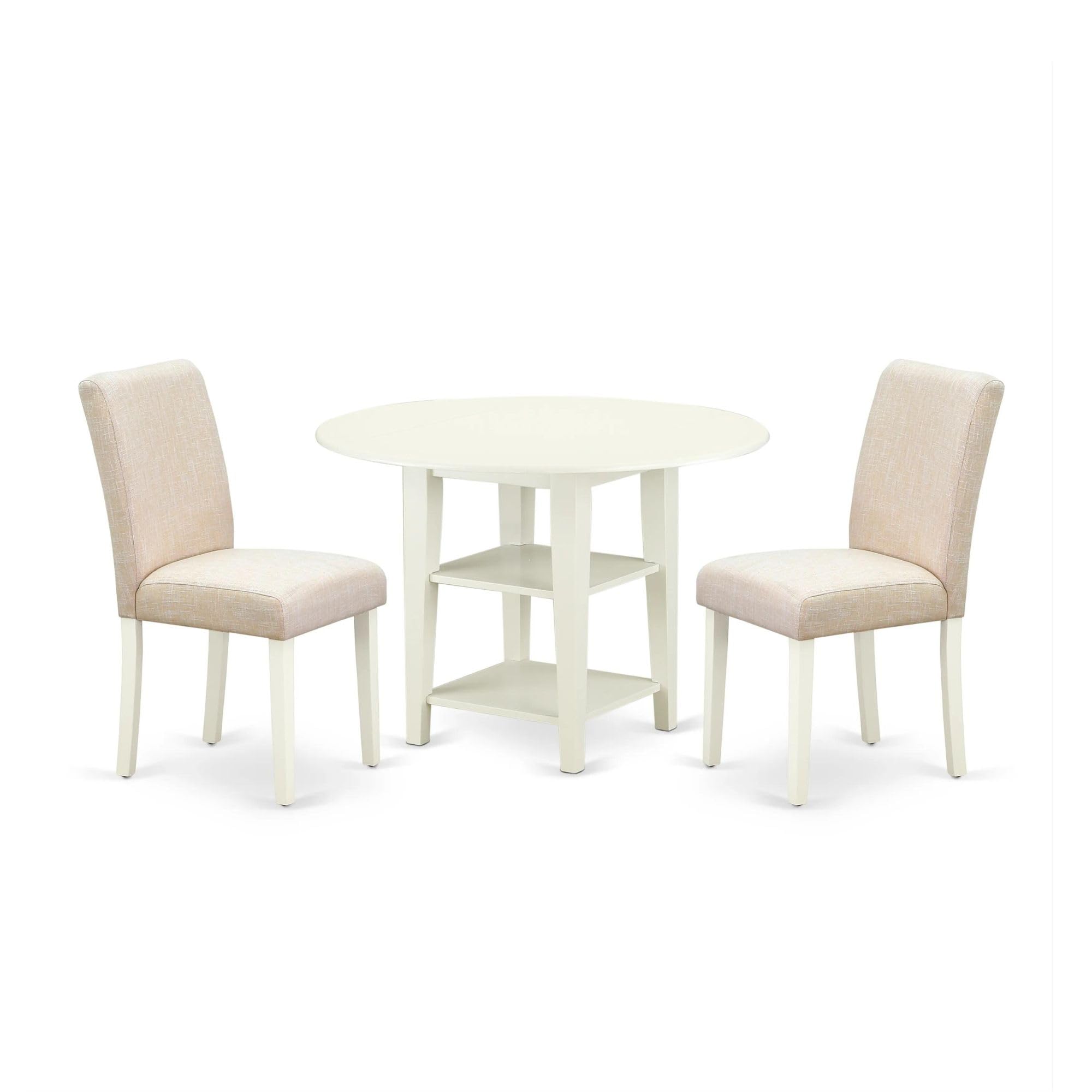 East West Furniture Suab3-Lwh-02 3 Piece Dining Table Set Contains A Round Dinner Table With Dropleaf & Shelves And 2 Light Beige Linen Fabric Upholstered Chairs, 42X42 Inch, Linen White