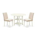 East West Furniture Suab3-Lwh-02 3 Piece Dining Table Set Contains A Round Dinner Table With Dropleaf & Shelves And 2 Light Beige Linen Fabric Upholstered Chairs, 42X42 Inch, Linen White