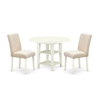 East West Furniture Suab3-Lwh-02 3 Piece Dining Table Set Contains A Round Dinner Table With Dropleaf & Shelves And 2 Light Beige Linen Fabric Upholstered Chairs, 42X42 Inch, Linen White