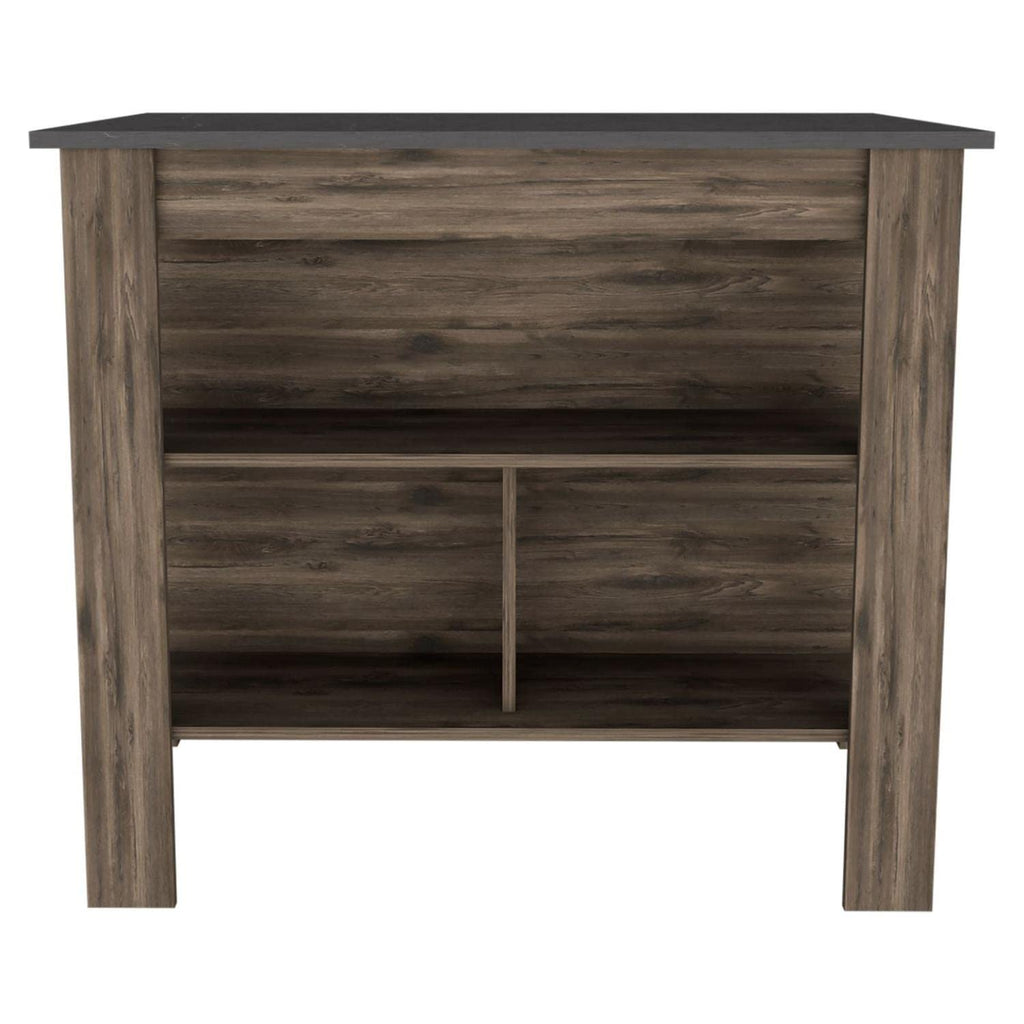 Kitchen Island, Kitchen Table 35" H, 4 Legs, 3 Open Storage Shelves, Dark Brown/Onix