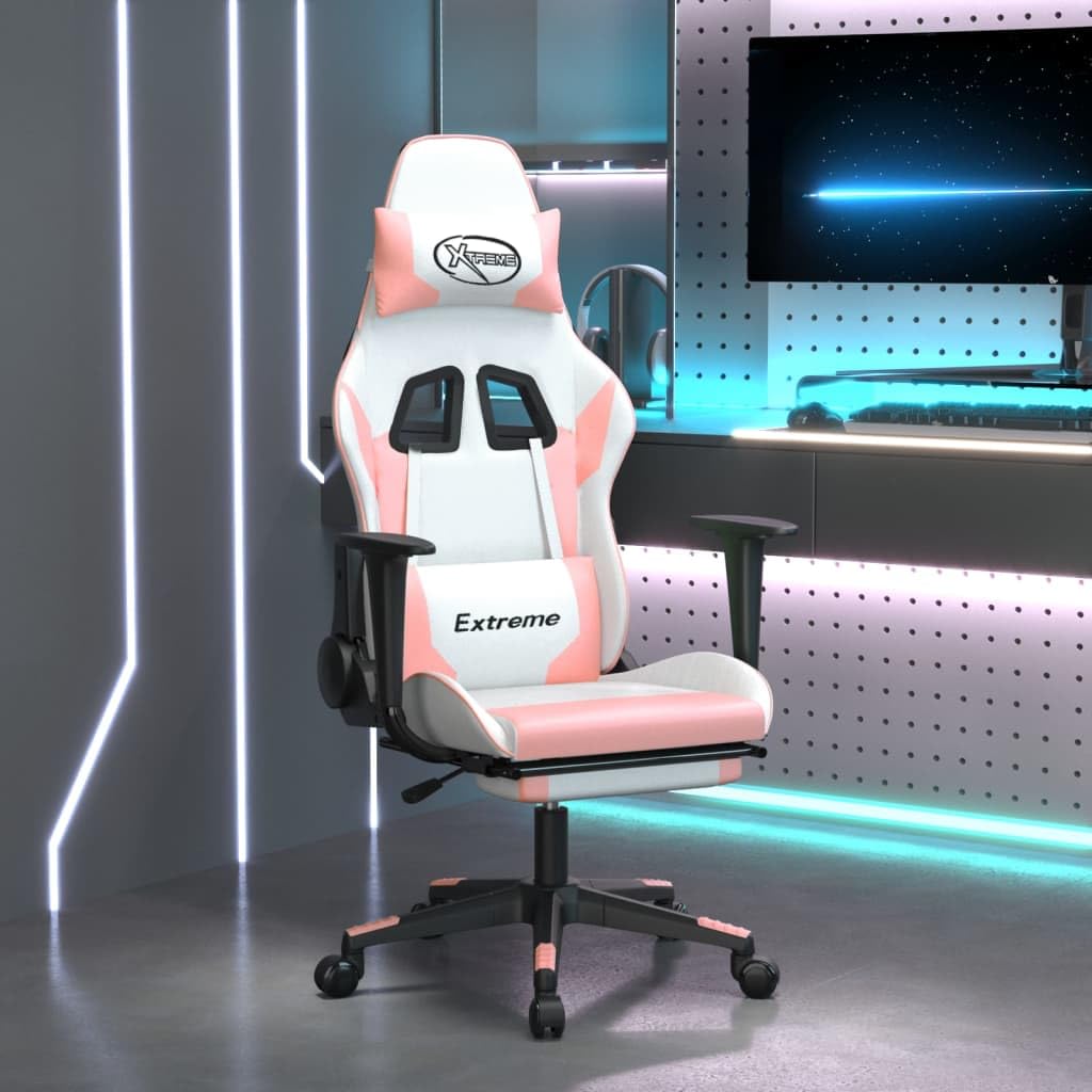 vidaXL Adjustable Gaming Chair with Footrest, Stain-Resistant Faux Leather - Comfort, Style, and Functionality in White and Pink