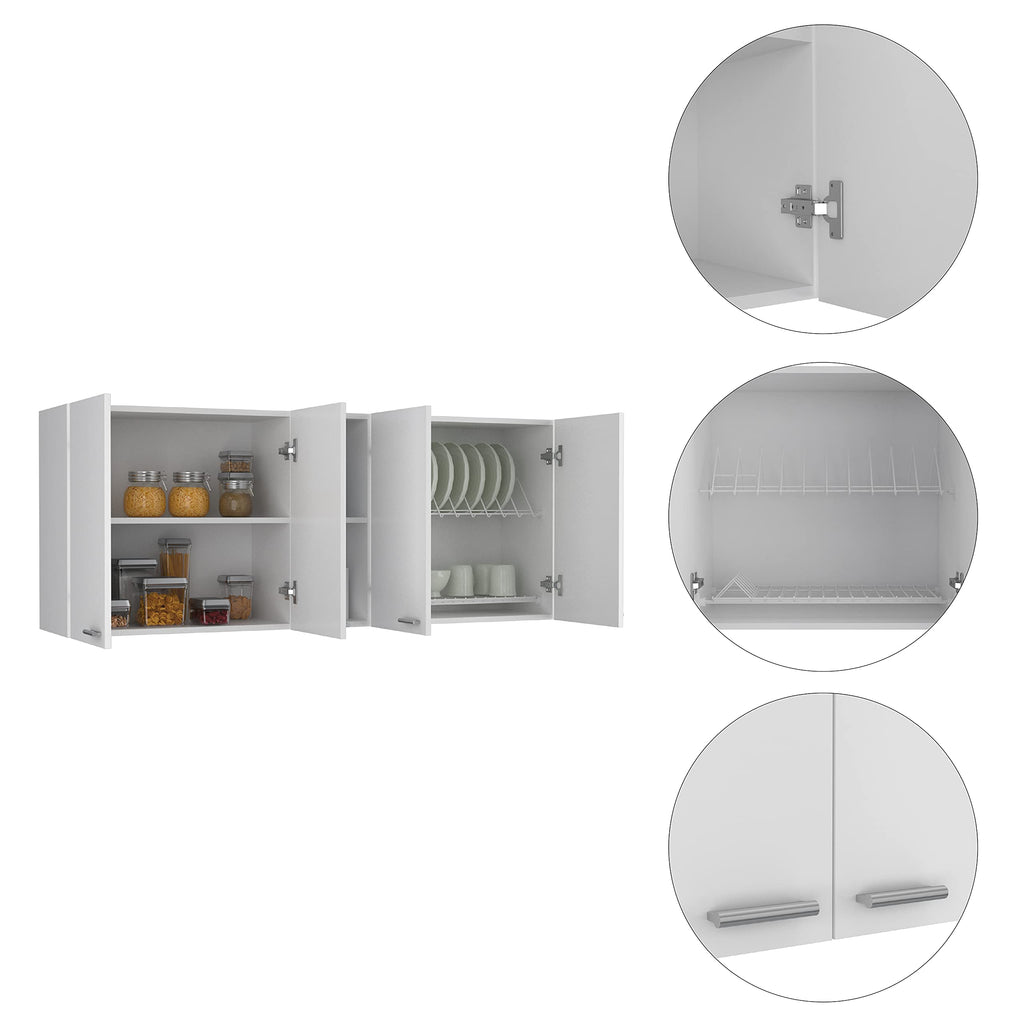 Wall Cabinet 24&Quot; H, 4 Doors, 2 Open Storage Shelves, 2 Internal Shelves, Internal Dish And Glass Organizer, White