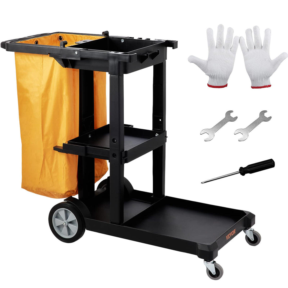 VEVOR Cleaning Cart, 3-Shelf Commercial Janitorial Cart, 200 lbs Capacity Plastic Housekeeping Cart, with 25 Gallon PVC Bag, 47'