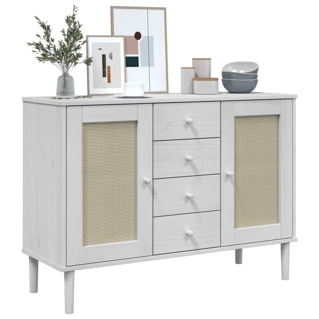 vidaXL SENJA Rattan Look Sideboard in White - Solid Pine Wood with UV Varnished Finish, with Drawers and Compartments for Home Storage