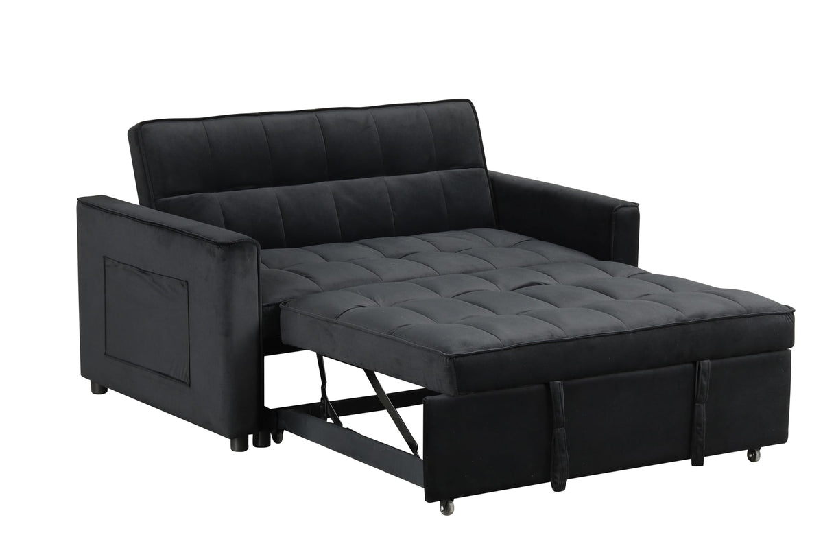 Lilola Home Maeve 53.5" W Black Velvet Convertible Sleeper Loveseat with Tufting and Side Pocket