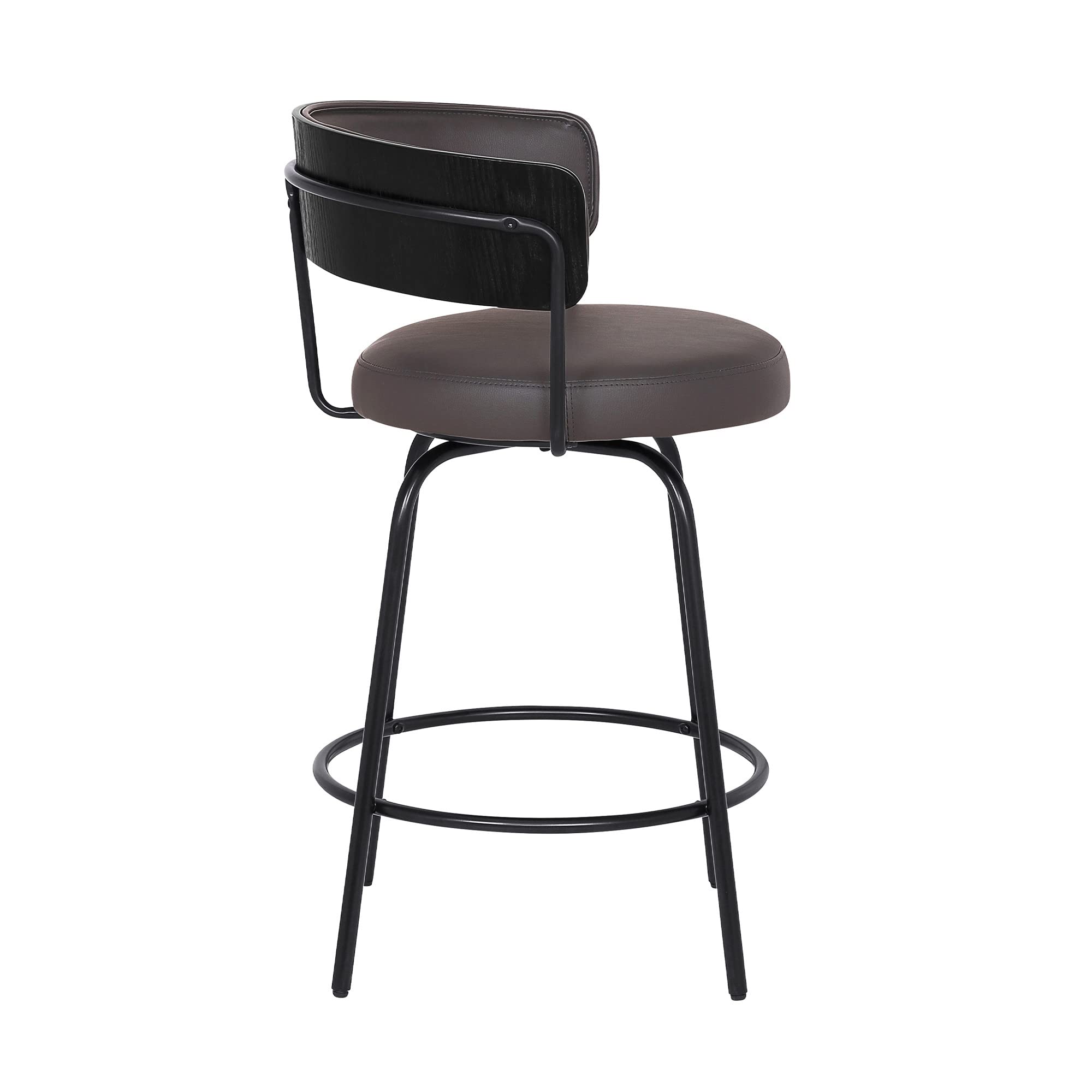 HomeRoots Black Steel,Faux Leather,Plywood 26' Gray Faux Leather Modern Swivel Bar Stool
