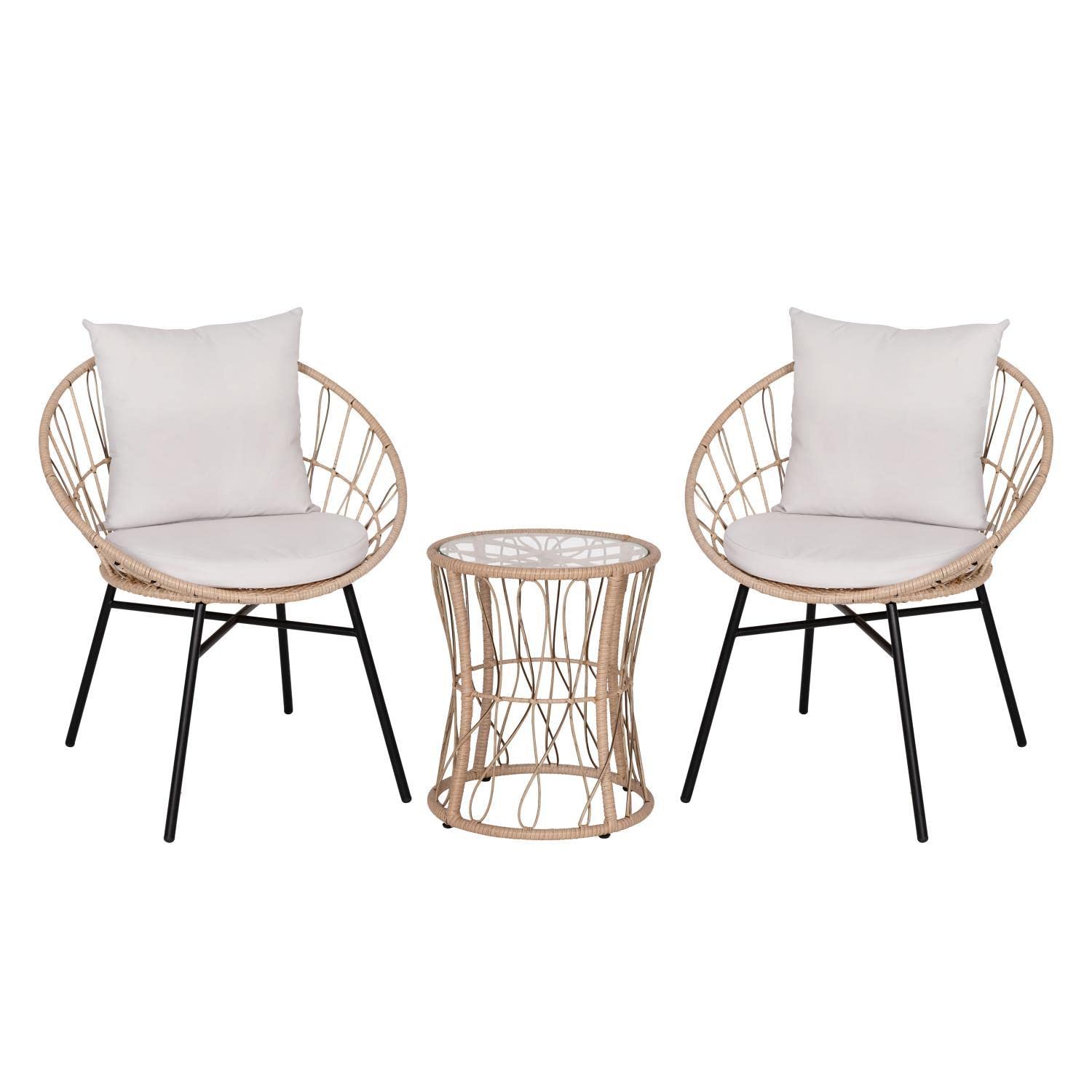 Flash Furniture Devon Indoor/Outdoor Bistro Set - Tan Finish Rattan Rope Papasan Style Chairs and Glass Top Side Table - Light Gray Back and Seat Cushions, 15.75x15.75x25, 3-Piece