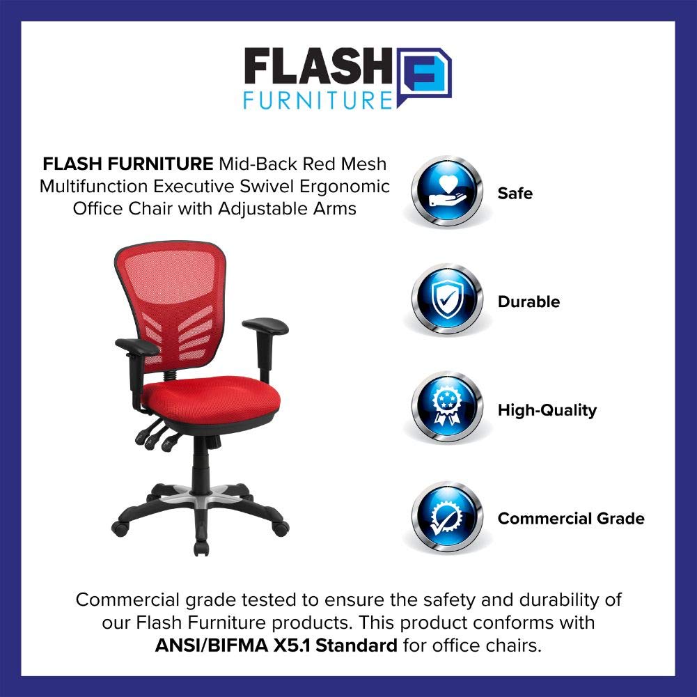 Flash Furniture Nicholas Mid-Back Red Mesh Multifunction Executive Swivel Ergonomic Office Chair with Adjustable Arms