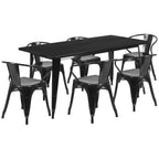 Flash Furniture Commercial Grade 31.5" x 63" Rectangular Blue Metal Indoor-Outdoor Table Set with 6 Arm Chairs