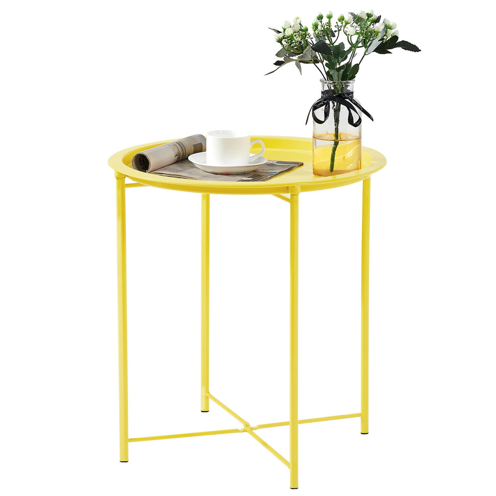 Vecelo Side/End Table, Folding Round Metal Anti-Rust And Waterproof Outdoor Or Indoor Tray For Living Room Bedroom Balcony And Office, 1 Pcs,Yellow