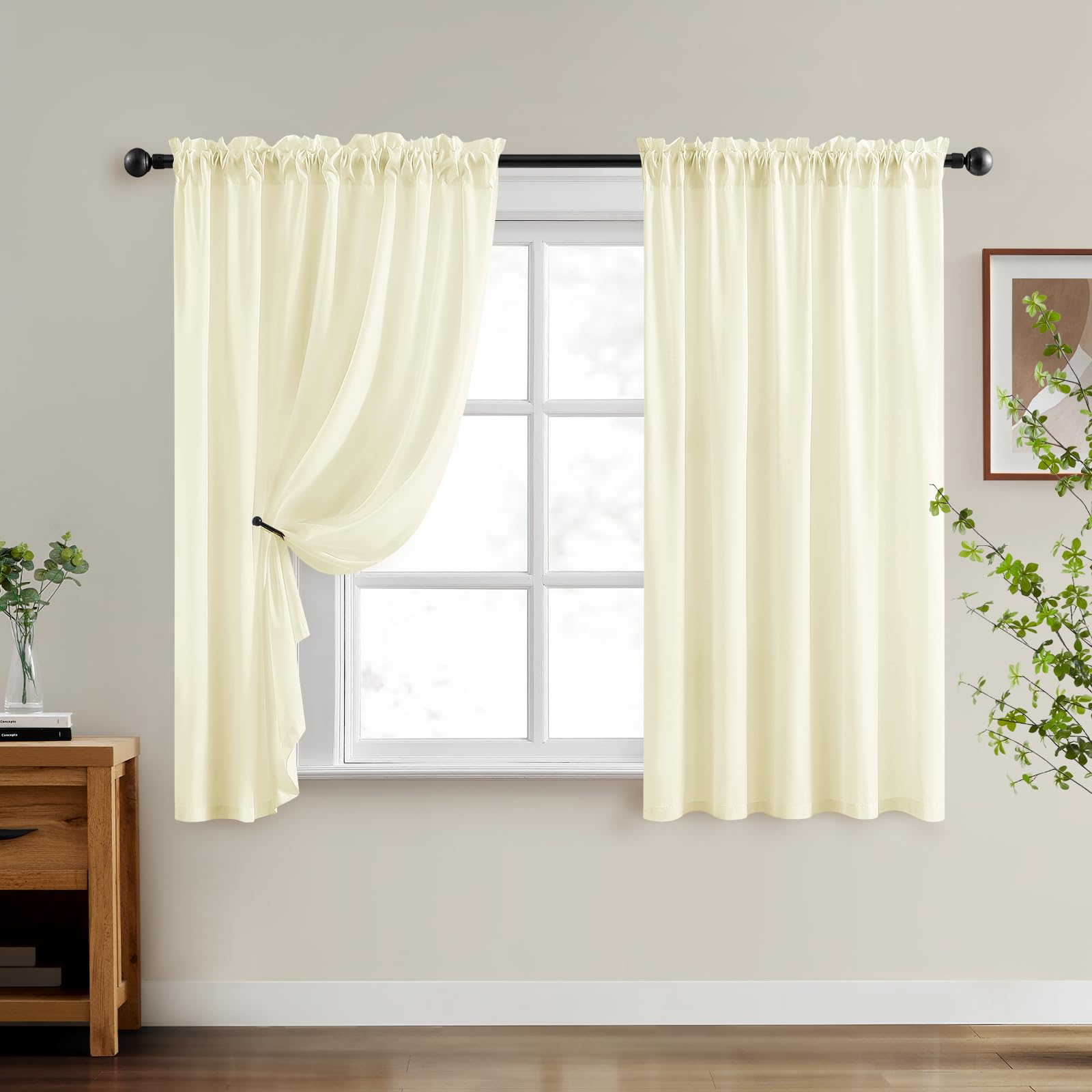 Homeideas Non-See-Through Cream Yellow Privacy Sheer Curtains 52 X 63 Inch Lenth 2 Panels Set, Fish Bone Pattern Semi Sheer Curt
