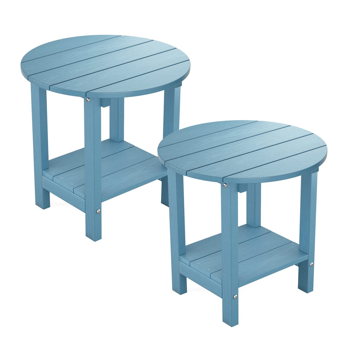 Mximu Round Outdoor Side Table Adirondack Tables 18 Inch Chairside End Tables With Storage Shelf, 2-Tier Plastic Patio Side Table, Weather Resistant For Balcony Backyard Lawn (Blue, 2 Pack)