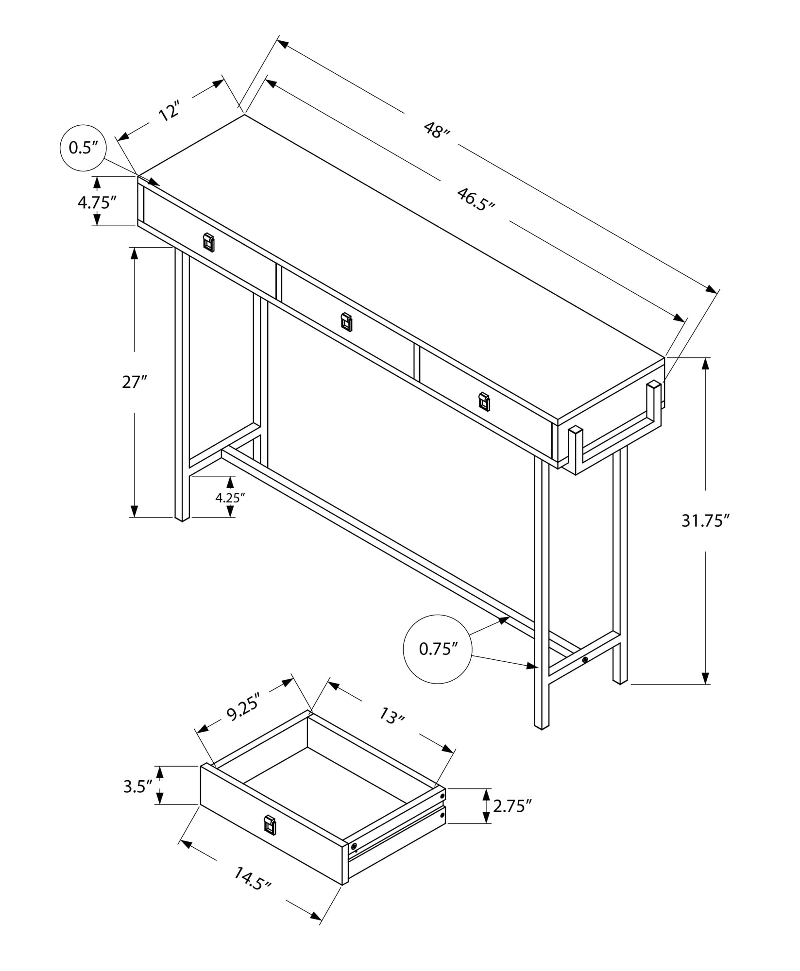 HomeRoots Furniture 12' x 48' x 31'.75' Dark Taupe, Particle Board, Metal - Accent Table