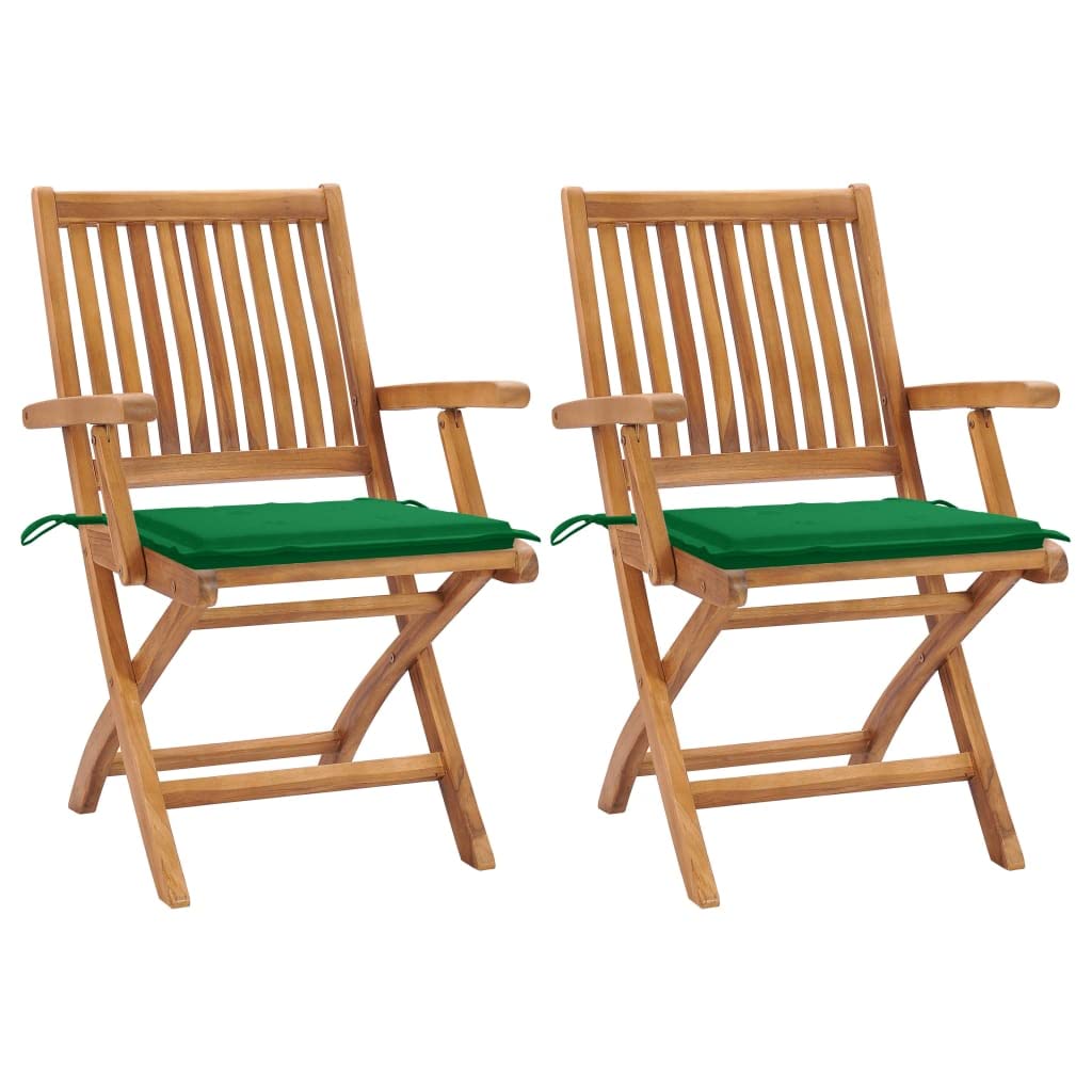 Vidaxl Set Of 2 Folding Patio Chairs With Green Cushions - Durable And Weather-Resistant Solid Teak Wood Outdoor Seating